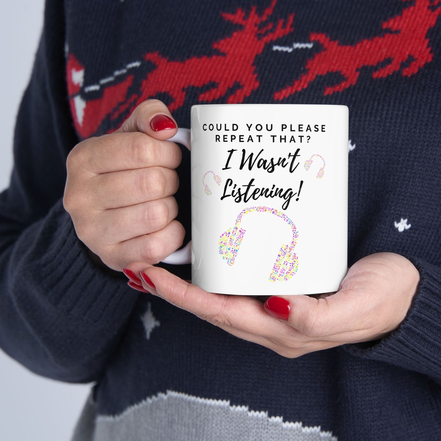 Funny Ceramic Mug - "Could you please repeat that? I wasn't listening!" (Multicoloured Headphones) - Perfect Gift for Music Lovers