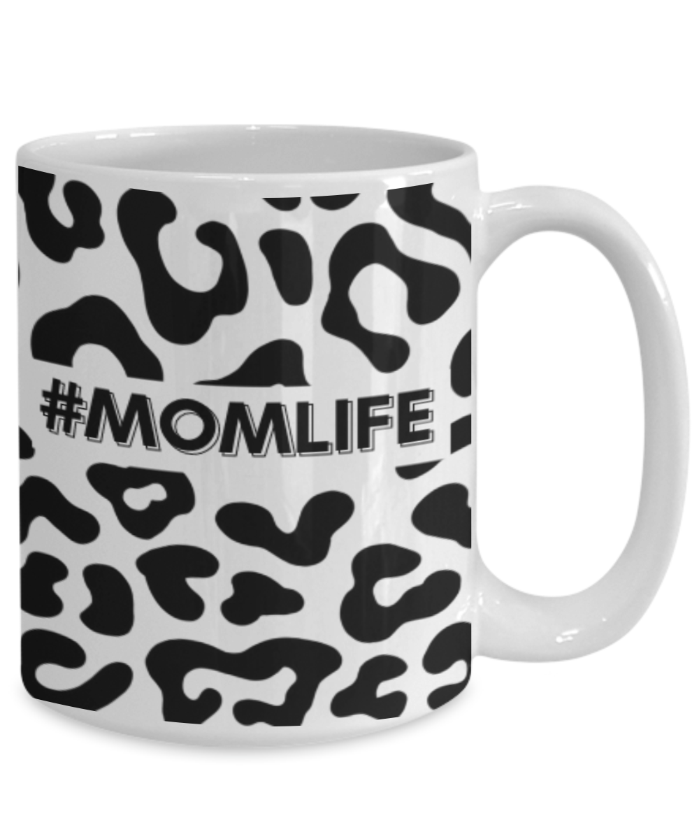 #Momlife Black Leopard Print White Mug