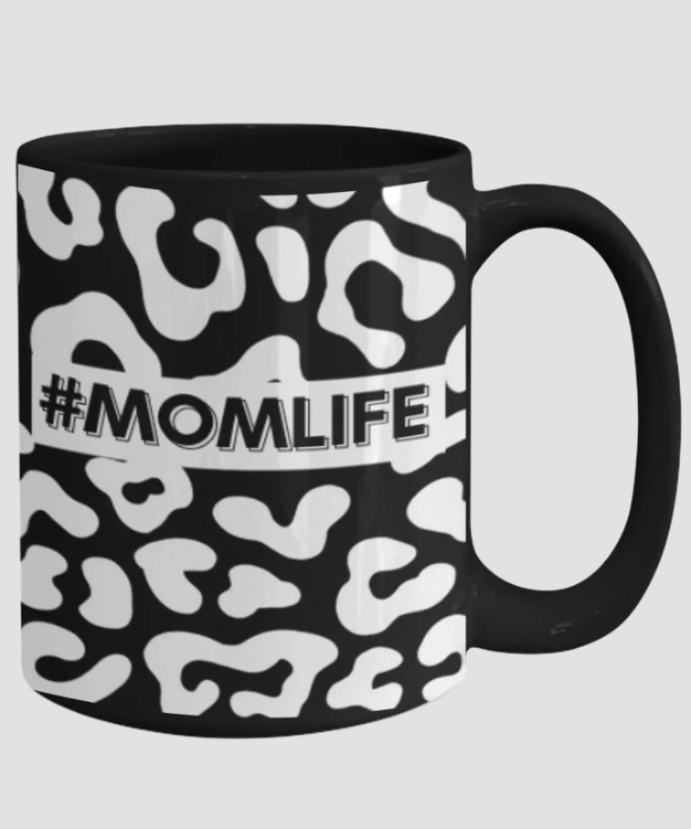 #Momlife' White Leopard Print Black Mug