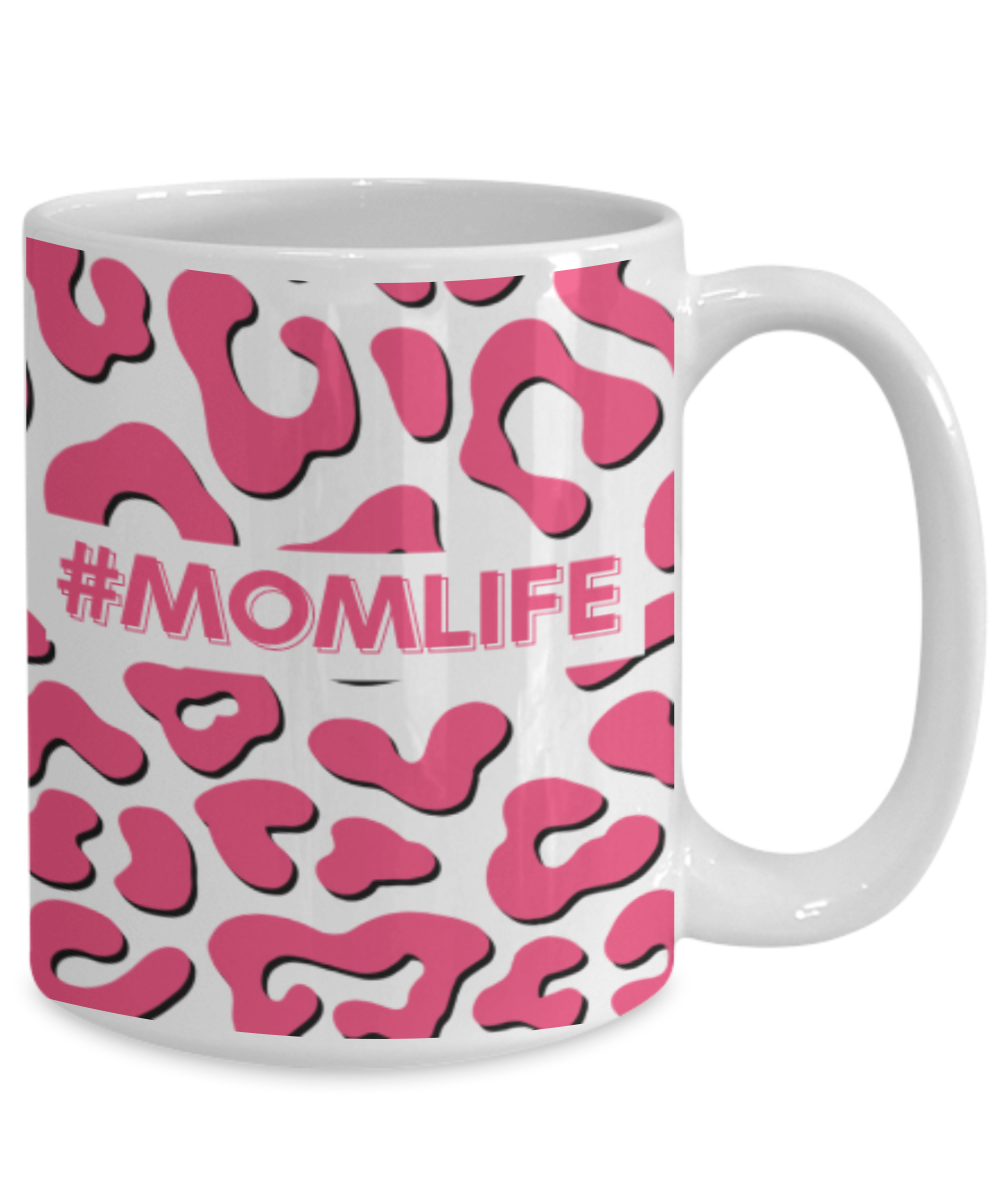 'Momlife' Pink and Black Leopard Print White Mug