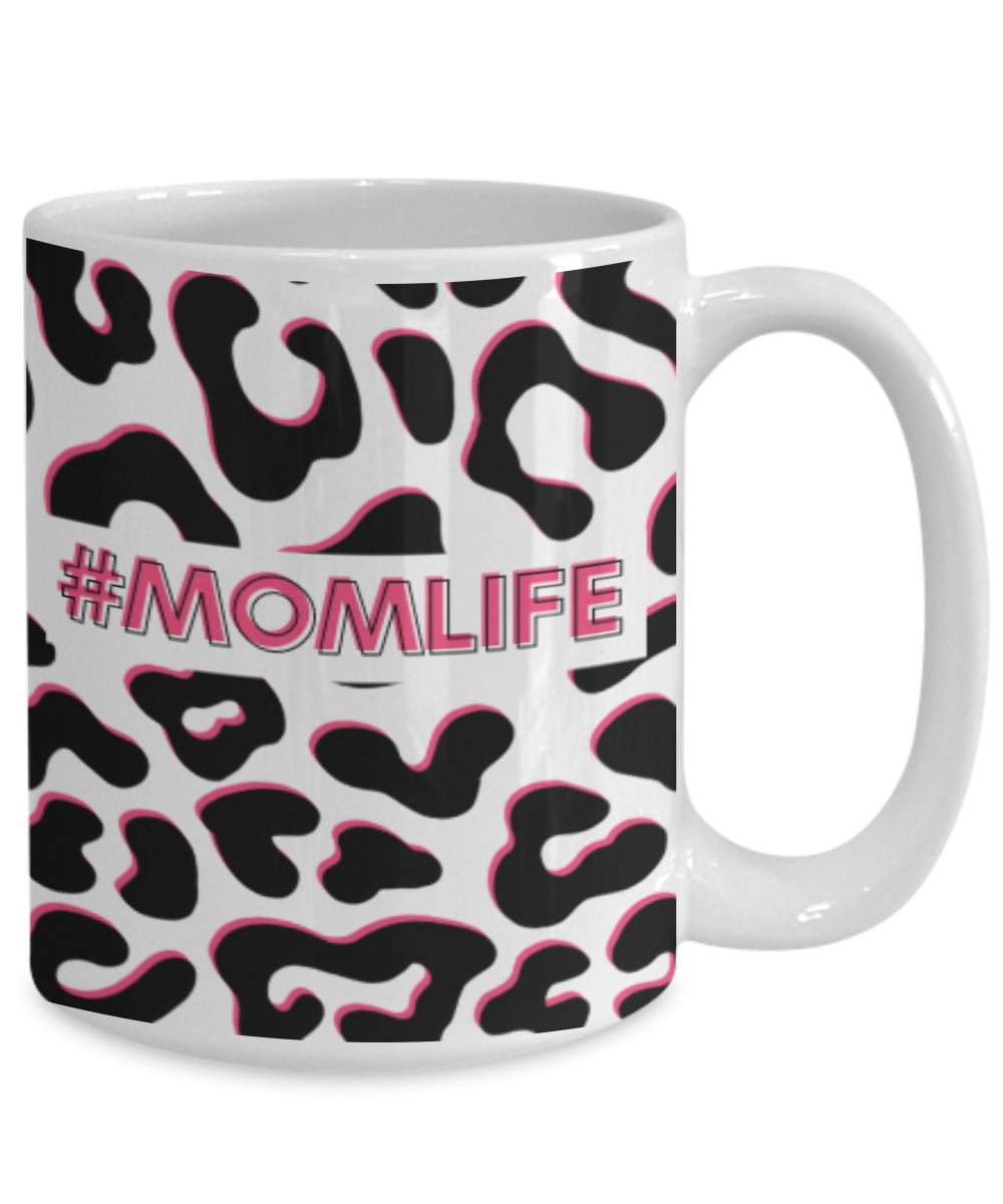 'Momlife' Black and Pink Leopard Print White Mug