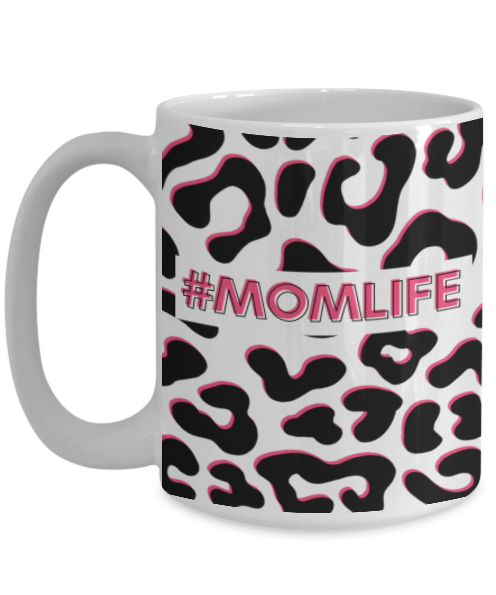 'Momlife' Black and Pink Leopard Print White Mug