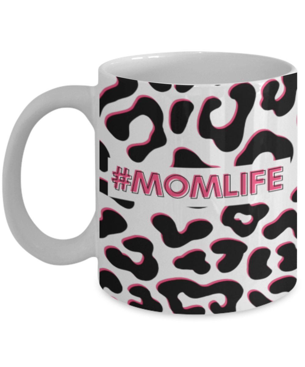 'Momlife' Black and Pink Leopard Print White Mug