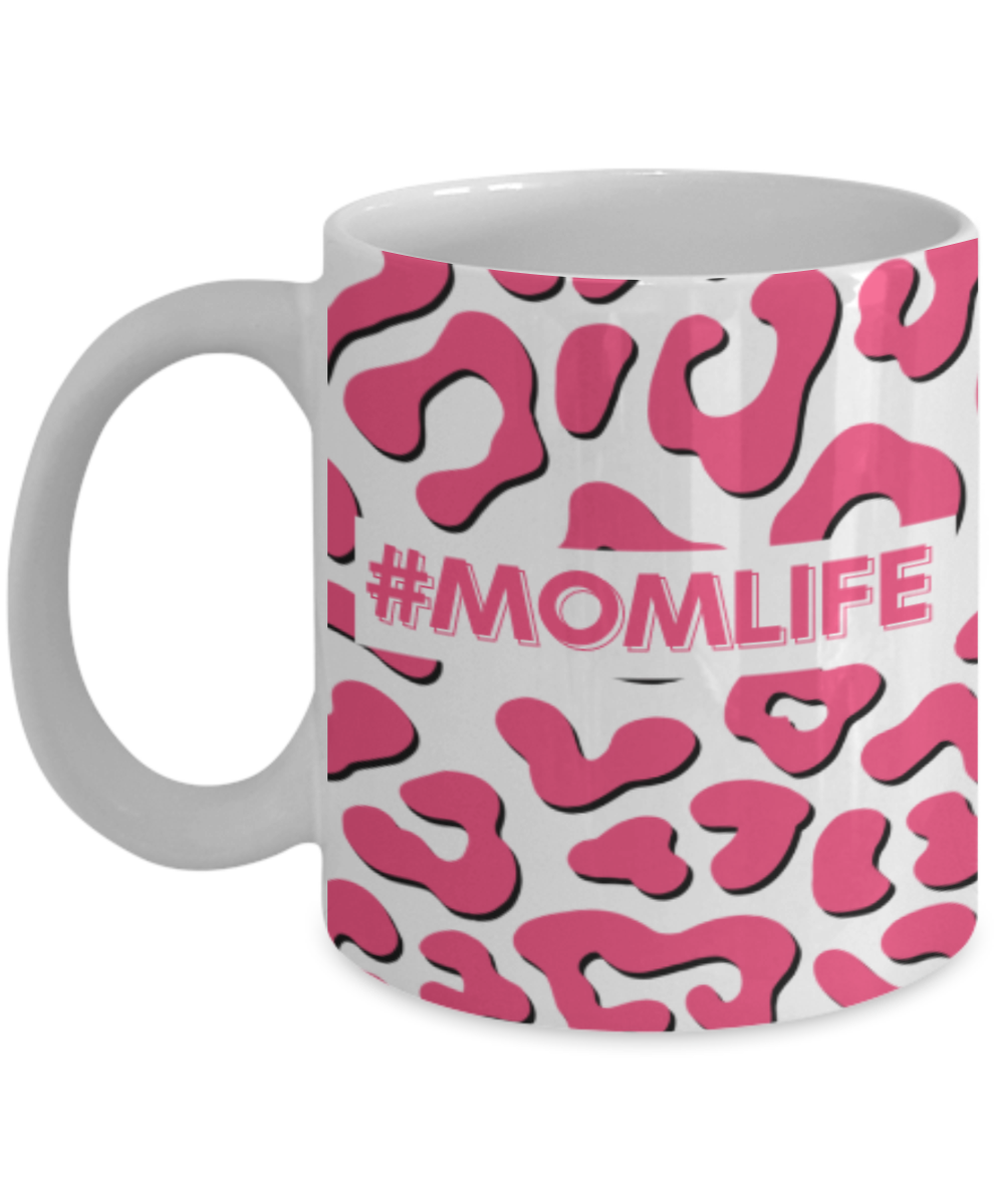 'Momlife' Pink and Black Leopard Print White Mug