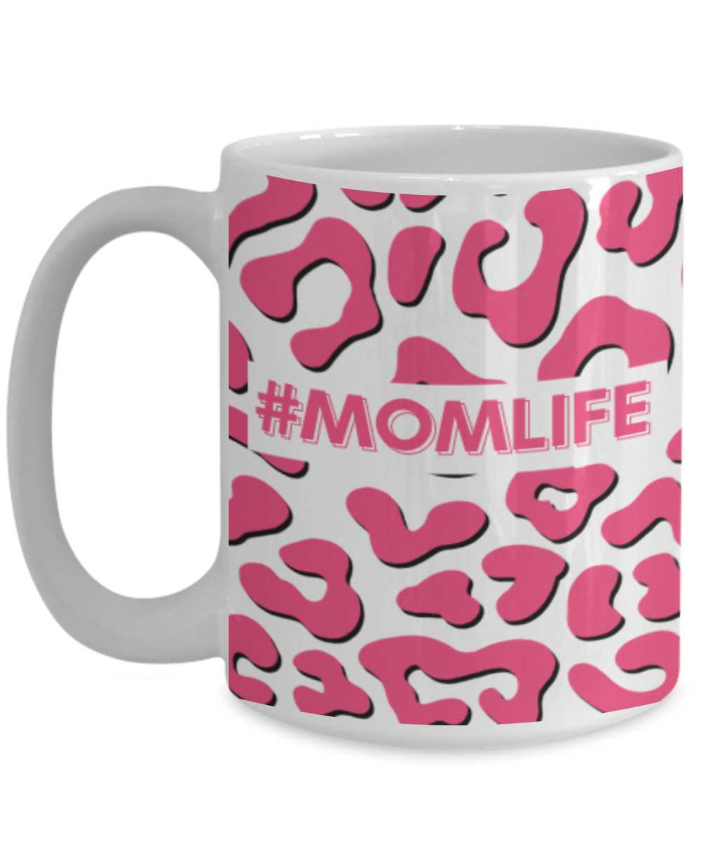 'Momlife' Pink and Black Leopard Print White Mug