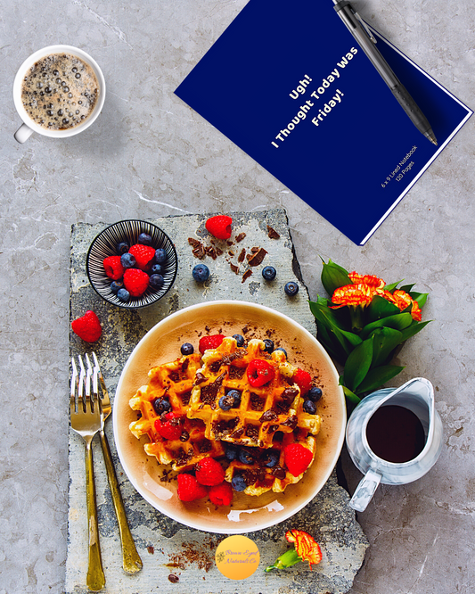 Flatlay of waffles on a plate with syrup and fruit. Accompanied by a mug of coffee and a notebook