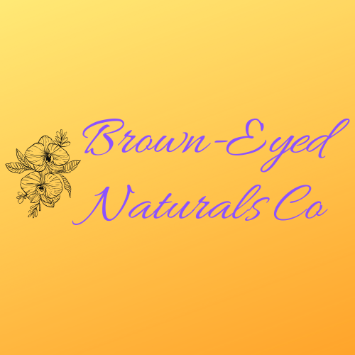 Brown-Eyed Naturals Co logo: Purple script writing on a gradient yellow background.