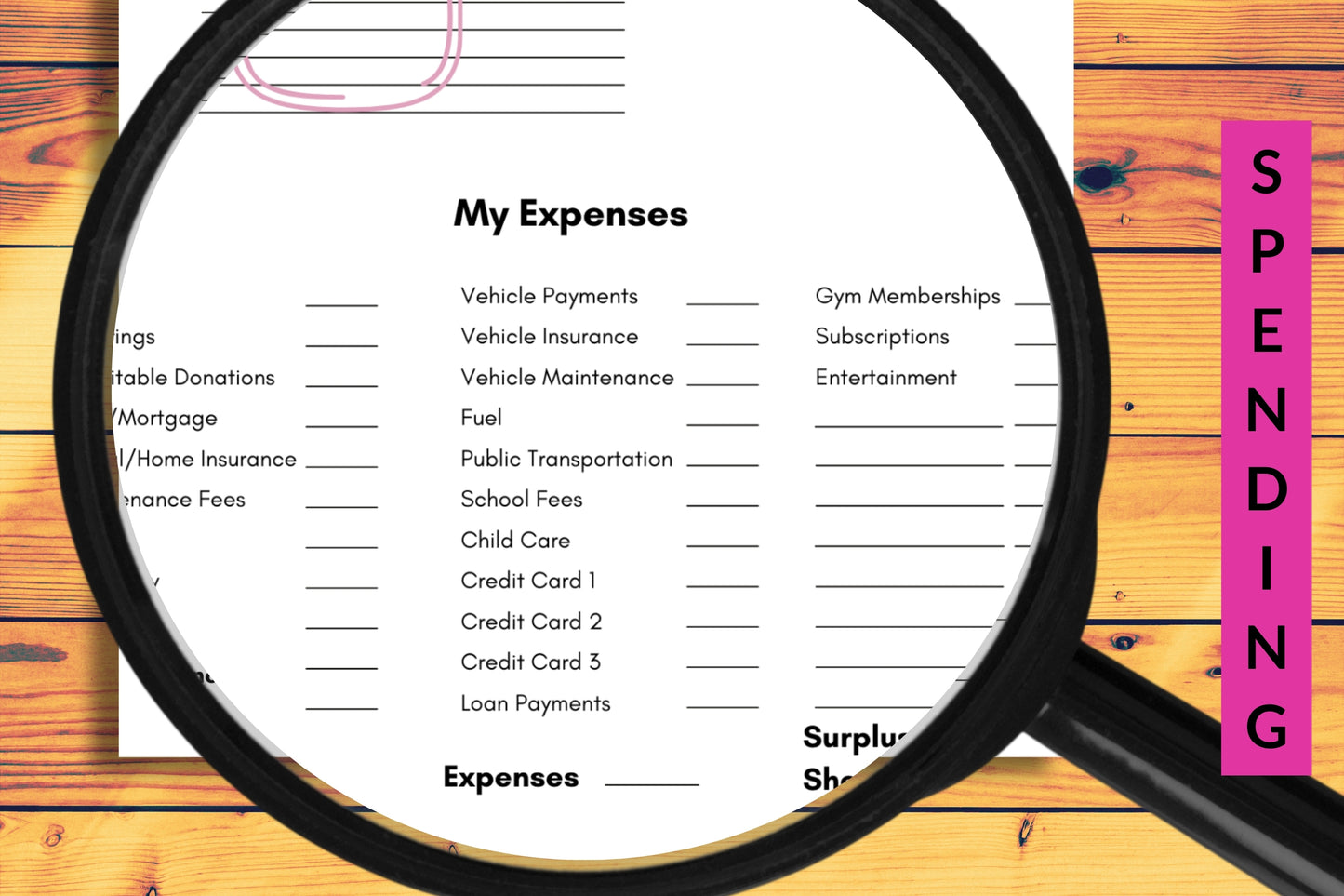 Magnified spending area of 1-page income and expenses budget tracker worksheet