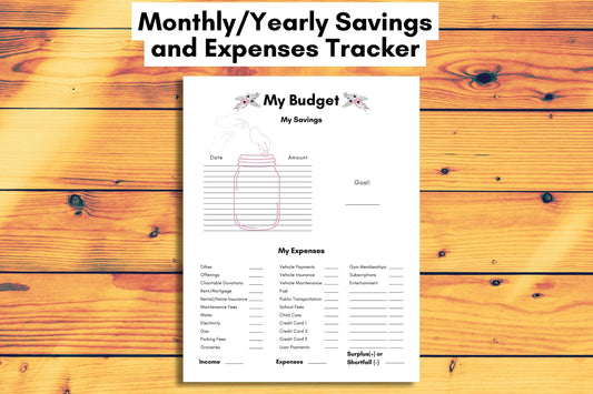 1-page Savings and Expenses Budget Tracker Worksheet on a table.
