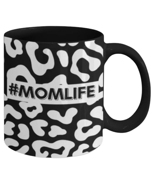 #Momlife' White Leopard Print Black Mug