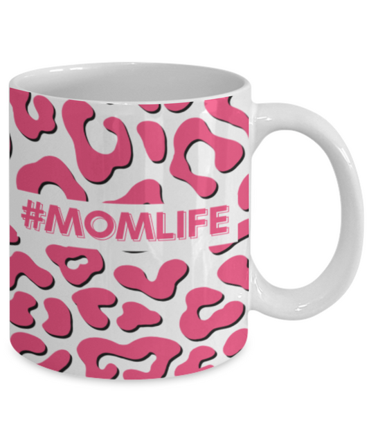 'Momlife' Pink and Black Leopard Print White Mug