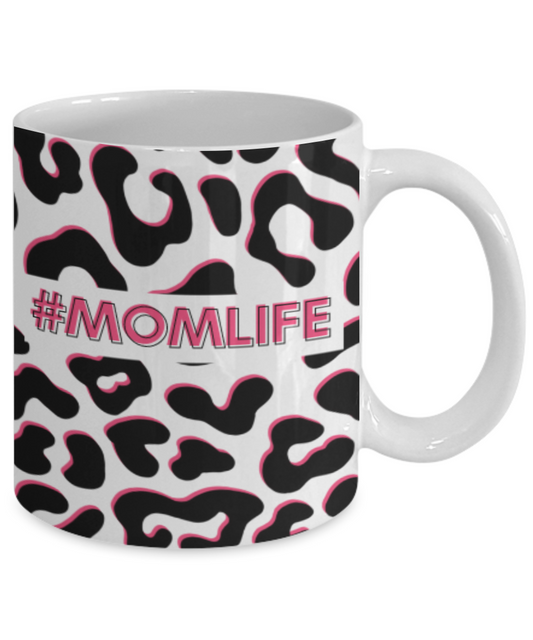 'Momlife' Black and Pink Leopard Print White Mug