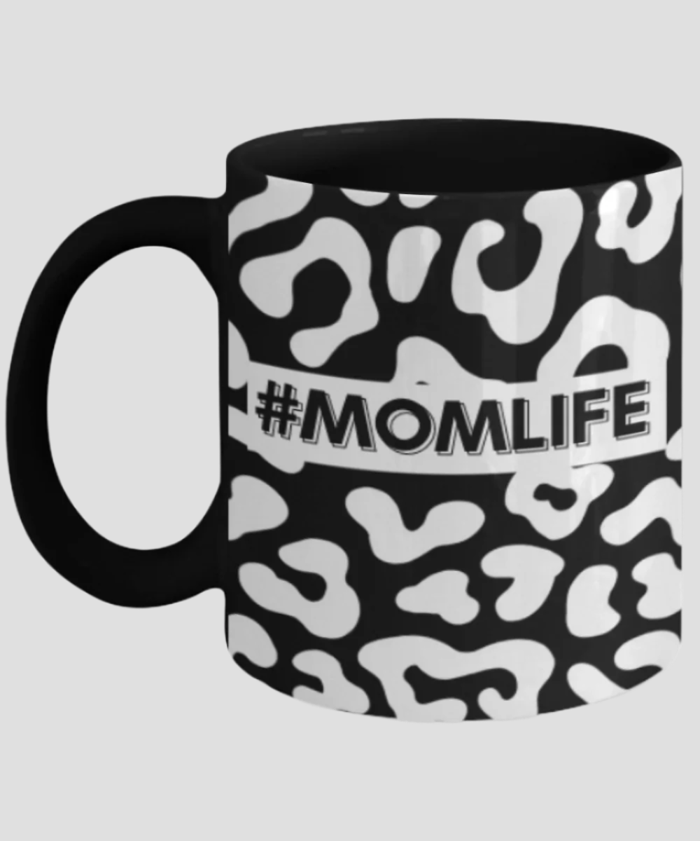 #Momlife' White Leopard Print Black Mug