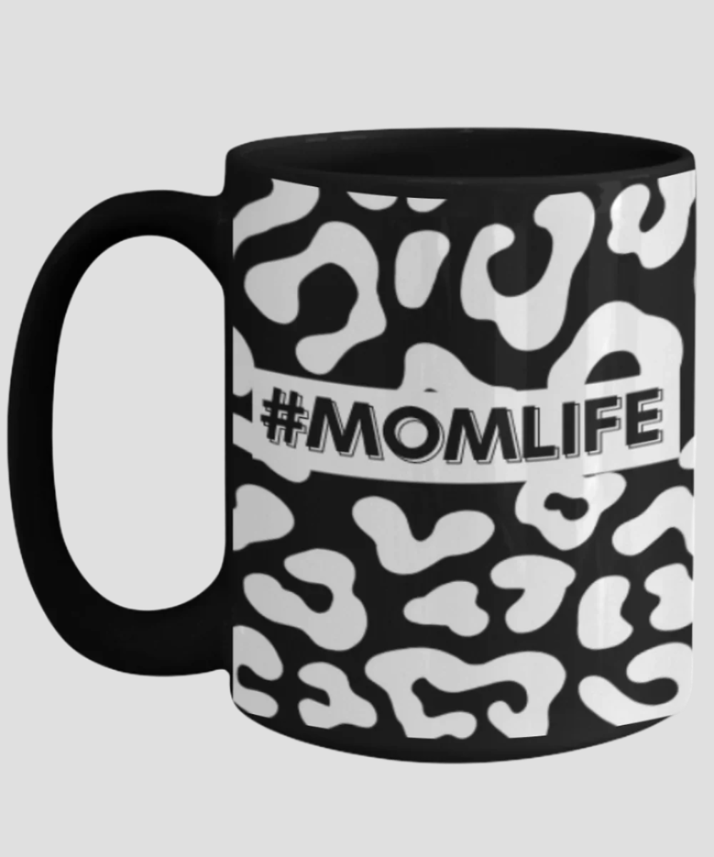 #Momlife' White Leopard Print Black Mug
